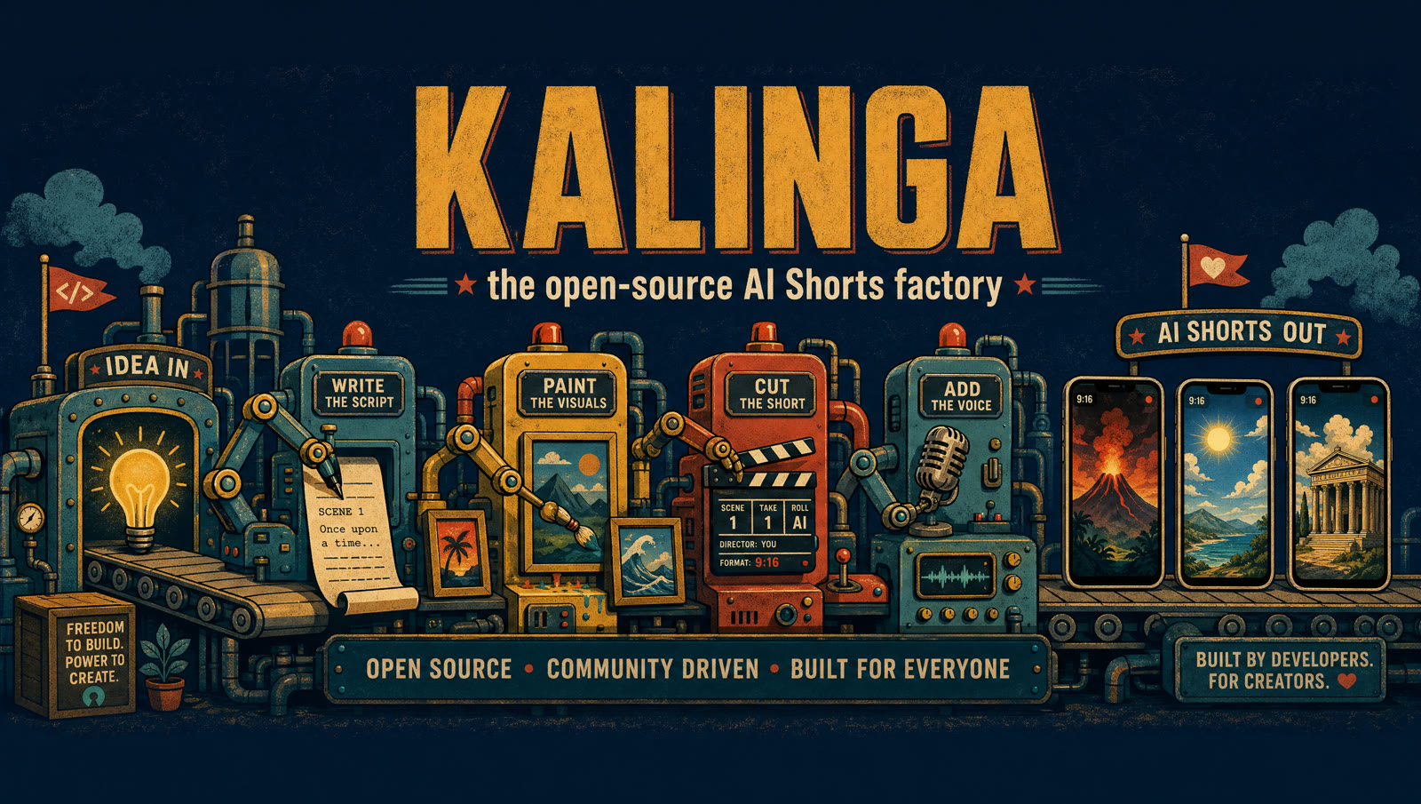 Kalinga — the open-source AI Shorts factory: an assembly line turning an idea into finished vertical videos