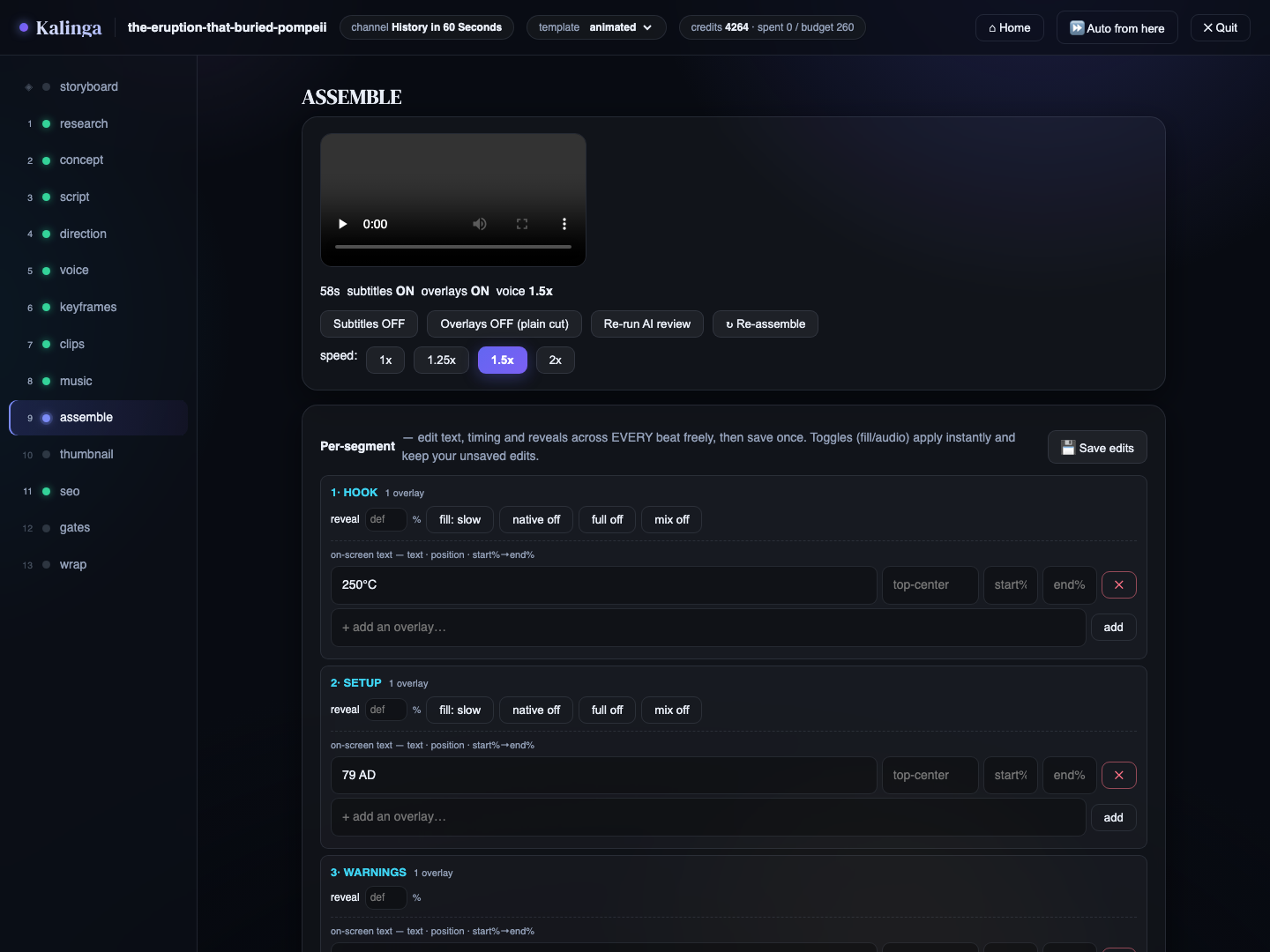 The assemble stage — per-beat overlay and timing editor